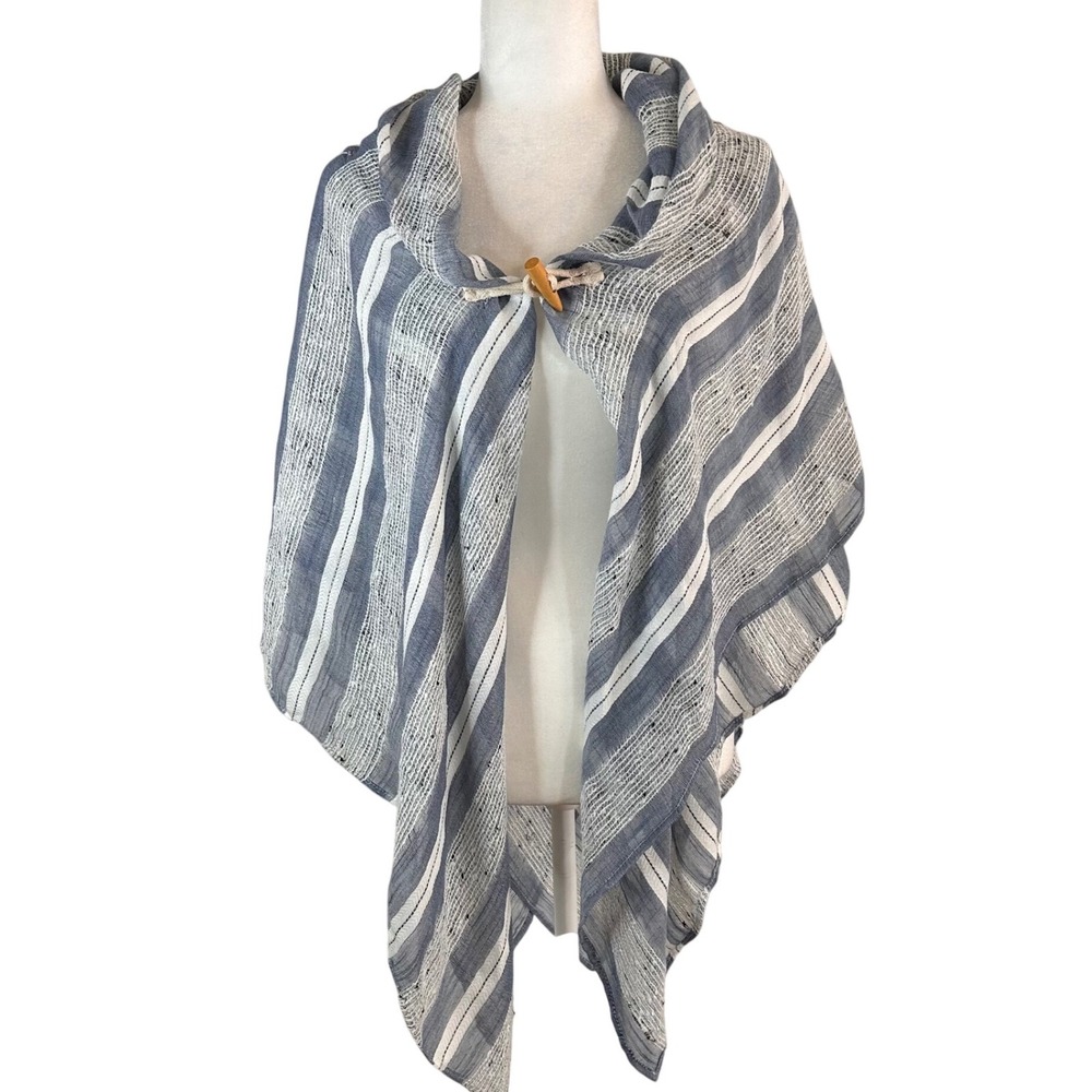 CBOCS Blue White Striped Toggle Closure Poncho Shawl Wrap One Size NEW Coastal